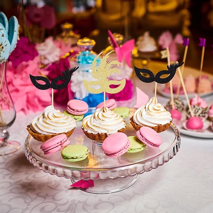 Gyufise 24 Pack Masquerade Masks Cupcake Topper Gold Black Glitter Mask Cake Topper Picks Dessert Cupcake Toppers for Masquerade Mardi Gras Party Baby Shower Birthday Party Decorations