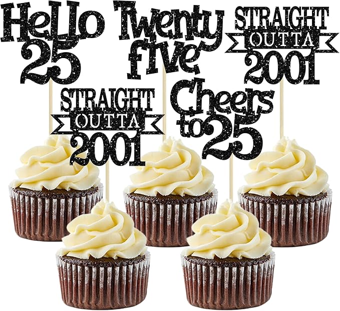 Ephlyn 24Pcs 25th Birthday Cupcake Toppers Glitter Straight Outta 2001 Cupcake Picks Hello 25 Cheers to 25 Years Cake Decorations for 25th Birthday Anniversary Party Decorations Supplies Black