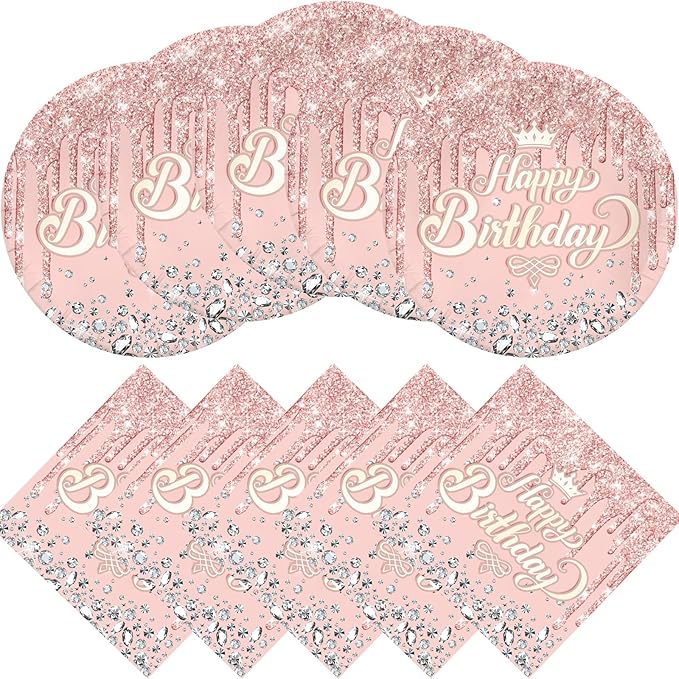 Pink Rose Goldr Birthday Party Supplies, Include 20 Plates and 20 Napkins, Pink Rose Goldr Theme Birthday Party Decorations for Kid Girls Women Glitter Diamond