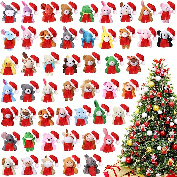 Skylety 50 Pcs Mini Stuffed Animals Bulk Cute Safari Jungle Small Plush Doll Toy Set Tiny Plush Keychain Decoration for Easter Party Favor Gift Carnival Classroom Prize(Santa Style,Cute Color)