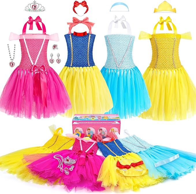 Princess Dress Up Clothes for Little Girls 3-6, Pretend Play Princess Costume Set with Princess Dresses Crown