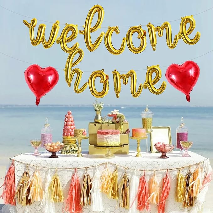 TONIFUL Welcome Home Balloons,Gold Cursive Welcome Home Foil Balloons Banner 16 Inch Welcome Home Party Decorations for Homecoming Party Decorations House Warming Party Family Gathering Supplies
