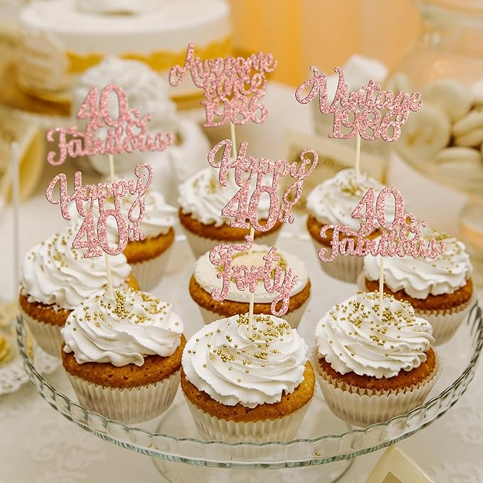 30Pcs Vintage 1986 Cupcake Toppers Glitter Forty 40 Fabulous Happy 40th Birthday Cupcake Picks Cheers to 40 Years for 40th Birthday Anniversary Party Cake Decorations Supplies Rose Gold