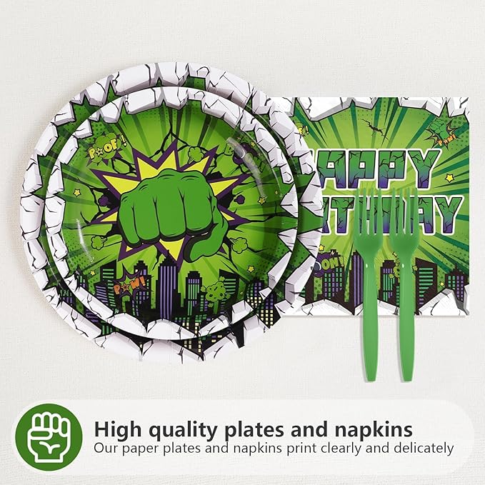 96Pcs Green Hero Birthday Party Supplies Super Green Hero Birthday Plates and Napkins Cityscape Super Bang Cartoon Movie Themed Tableware Set for Kids Boys Party Supplies，Serves 24