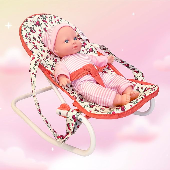 Floral Baby Doll Accessories Set, 3-1 Baby Doll Crib, Baby Doll High Chair & Bouncer Seat. 18 inch Doll Accessories with Doll Bed. 18" Dolls Furniture Play Stuff. Toys for Girls Ages 3-5,4-6,5-7,8-10