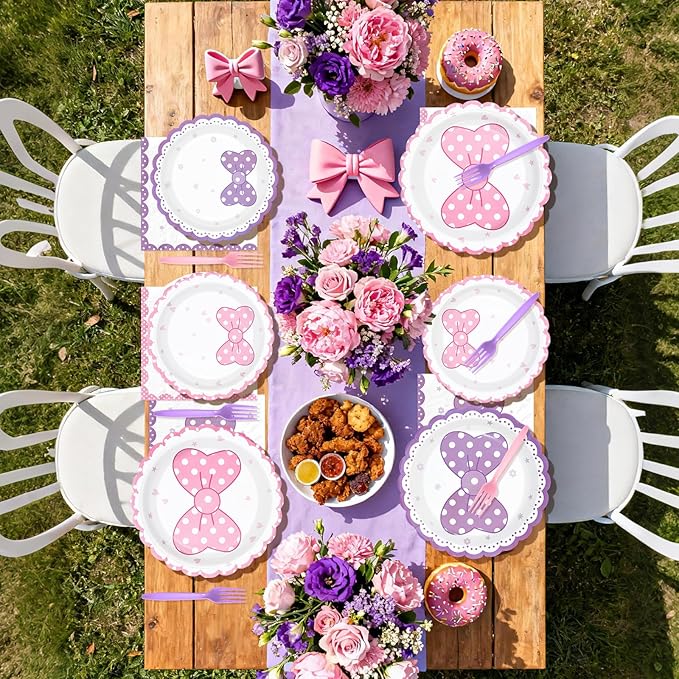96Pcs Cartoon Mouse Party Decorations Cute Mouse Birthday Paper Plates and Napkins Tableware Sets Pink and Purple Bows Themed Decor for Girls Holiday Birthday Party Supplies Serves 24