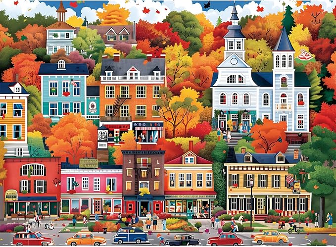 500 Piece Puzzle for Adults | Town in Autumn Street Puzzle | Recycled Cardboard Fall City Landscape Jigsaw Puzzle 500 Pieces | Challenging Game Home Decor Birthday Party Gift for Adults Seniors