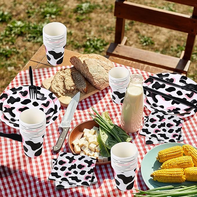 Domensi 350 Pcs Pink Cowgirl Party Supplies Cow Party Tableware Set Serve 50 Cow Print Plates Napkins Cups Cow Theme Party Decoration for Cowgirl Cowboy Farm Animal Cow Theme Birthday Baby Shower