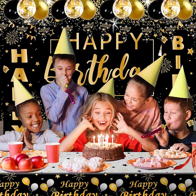 Black and Gold Birthday Decorations for Men Women, 37pcs Black and Gold Party Decorations with Backdrop, Tablecloth, Confetti Balloons, Banner, Balloon Arch Kit for Birthday Party