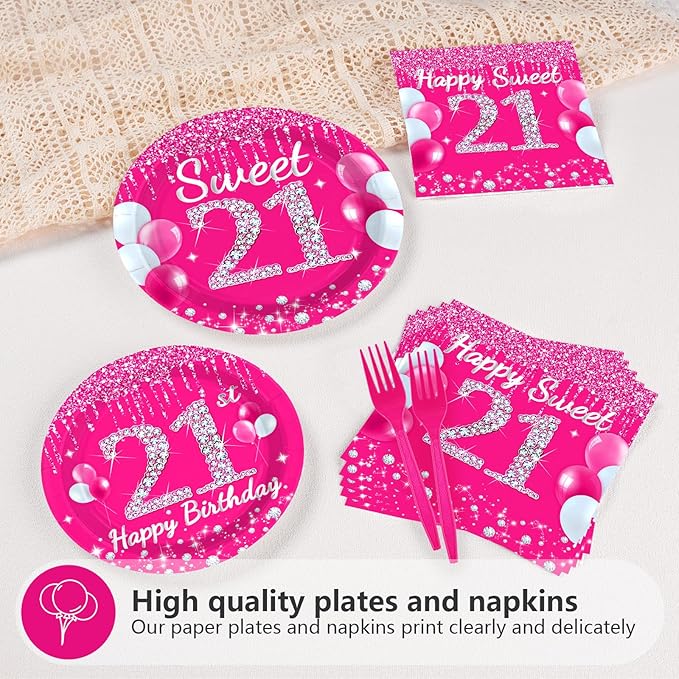 96Pcs 21st Birthday Party Supplies 350 GSM Hot Pink Sweet 21 Plates and Napkins Tableware Sets Happy 21st Birthday Decorations for Girls Women Finally Legal 21 Years Old Party Favors, Serves 24