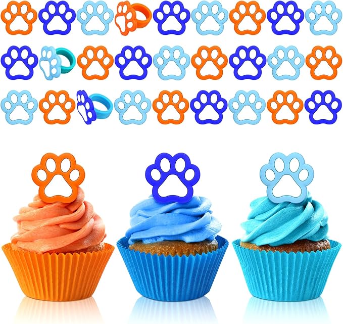 48 Pcs Paw Dog Cupcake Rings Toppers Decorations Orange Blue Red Yellow Paw Dog Theme Birthday Cupcake Rings Decorations for Puppy Baby Shower Party Supplies(Light Color)
