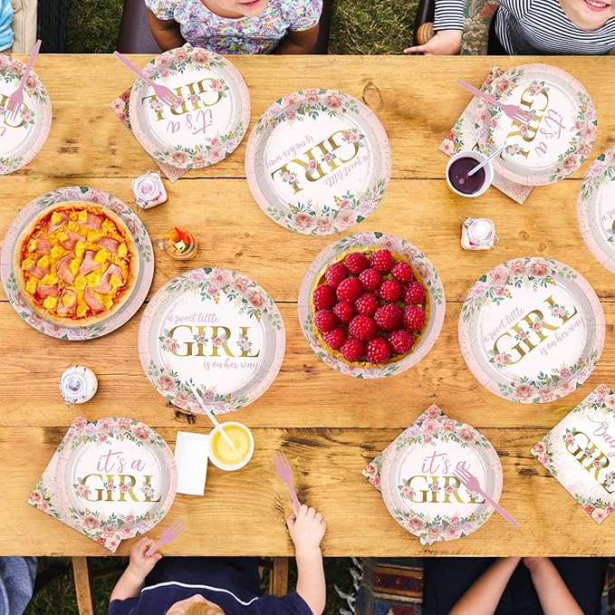 96 Pcs Baby in Bloom Baby Shower Decorations Disposable Its a Girl Paper Plates and Napkins Spring Pink Floral Tableware Set for Girls Baby Birthday Party Gender Reveal Supplies Serve 24