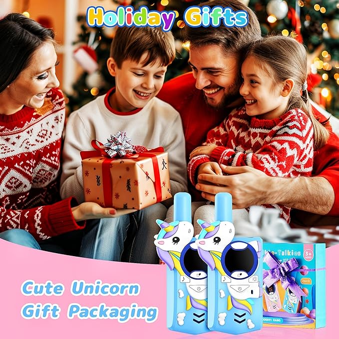 Unicorn Kids Walkie Talkies Rechargeable, 2 Miles Range 3 Channels 2 Way Radio, Birthday Gifts for Boys Girls,Family Games Outdoor Hiking Camping,3-12 Years Old Toys (Blue)