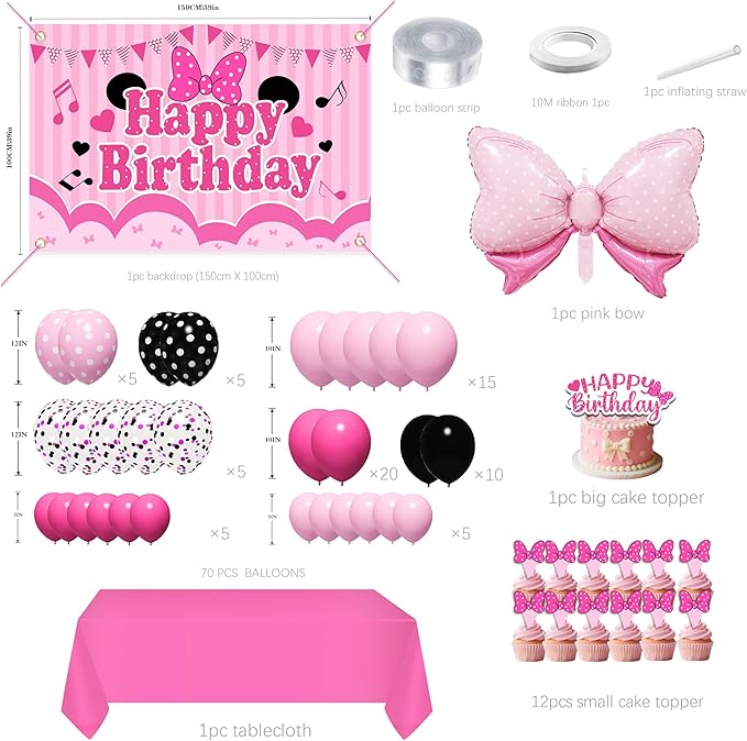 Pink Birthday Party Supplies - Pink and Black Balloon Arch Garland Kit Decorations,Backdrop for boys Kids