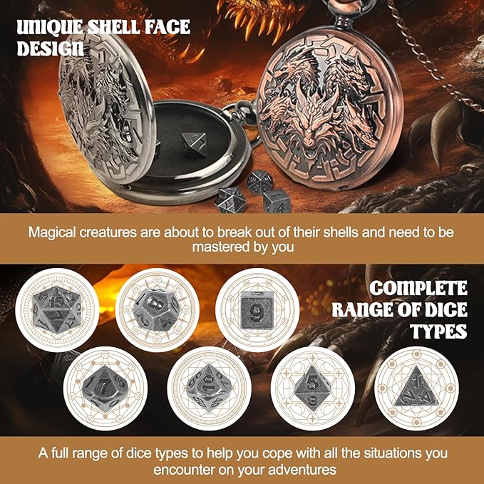 D&D Dice Set,7PCS Metal Dice for Dungeons and Dragons,Mini Dice Set with Pocket Watch Case,Role Playing Board Games Accessories (Dragon, Ancient Silver)