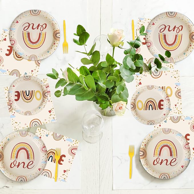 96 Pcs Boho Rainbow Party Plates and Napkins Party Supplies Boho Rainbow 1st Birthday Party Tableware Set Boho One Party Decorations Favors for Baby Girls Boys Birthday Baby Shower Serves 24