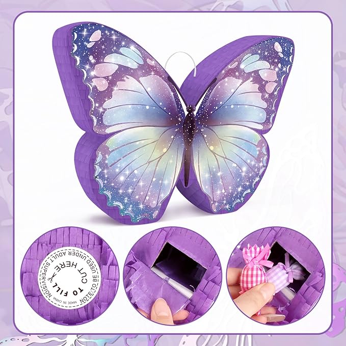 Hooqict Butterfly Piñata Purple Butterfly Pinata with Blindfold and Bat Stick for Kids Girls Spring Garden Family Games Purple Fairy Birthday Party Decorations Supplies