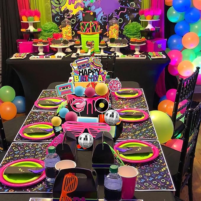 Hooqict 26 PCS 80s Cake Decorations 80s 90s Cake Toppers Retro 1980s Hip Hop Cake Decorations with Glitter Balls Cupcake Toppers for Neon Throwback Birthday Party Supplies
