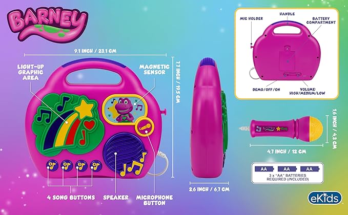 eKids Barney Karaoke Microphone with Boombox, Toddlery Toys with Built-in Music for Kids (Barney)