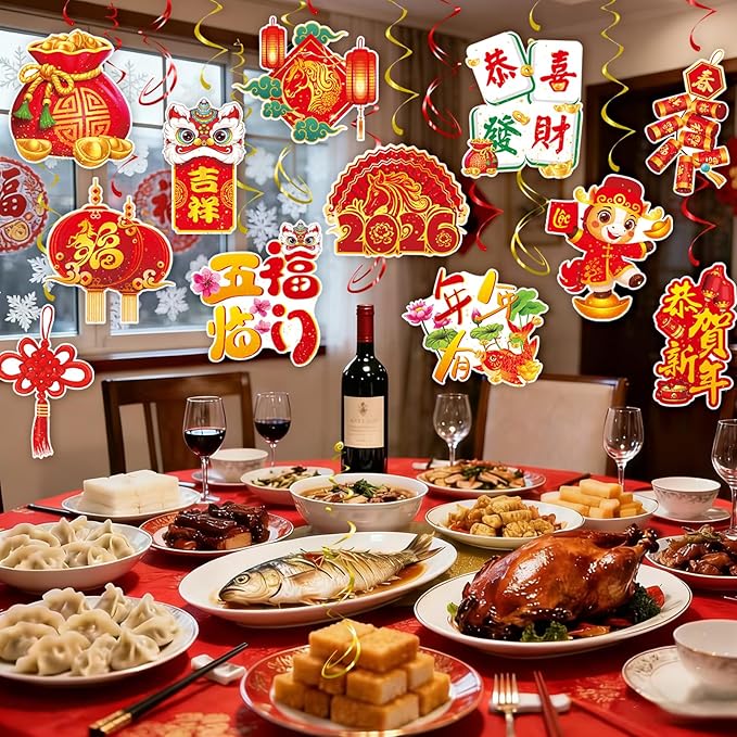 2026 Chinese New Year Hanging Swirls, 30Pcs Lunar New Year Ceiling Streamers Spring Festival Swirls for Chinese Horse Party Hanging Decorations