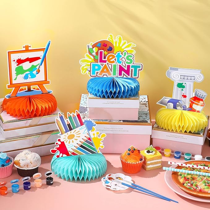9 Pieces Paint Party Decorations Art Honeycomb Centerpiece Paint Splatter Party Supplies for Art Theme Birthday Baby Shower Decorations