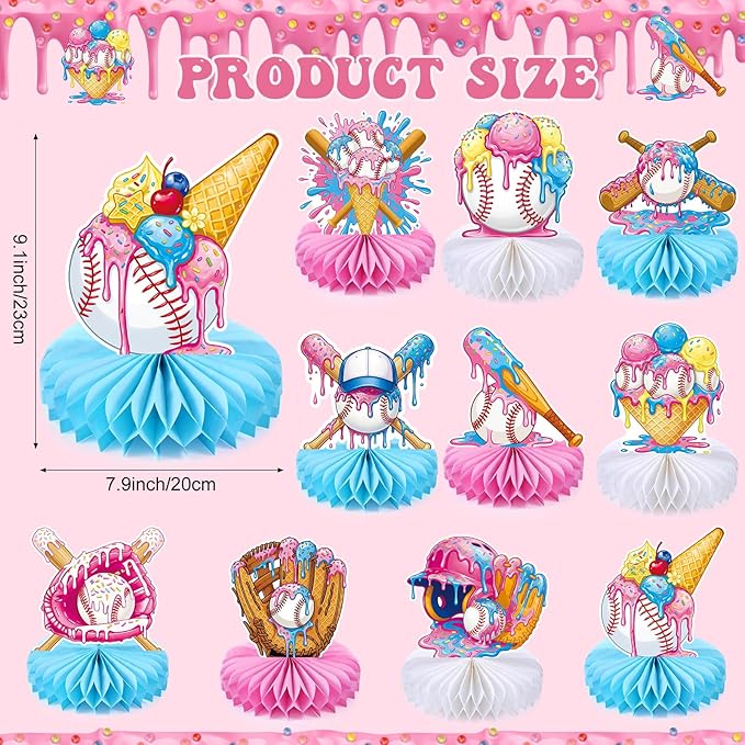 Faccito 10 Pcs Ice Cream Party Decorations 3D Ice Cream Drip Baseball Honeycomb Table Centerpieces Sport Themed Toppers for Summer Sport Birthday Party Supplies (Baseball)