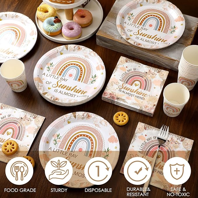 200 Pcs Rainbow Baby Shower Paper Plates Napkins Cups Baby Shower Party Supplies Tableware Set Boho Disposable Cup Napkin for 50 Guest Girls Spring Party Decoration
