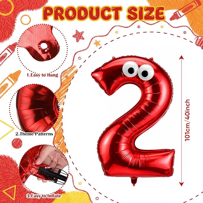 Red Monster Number 2 Balloons 40 Inch Red Monster Theme Birthday Party Decorations Large Foil Balloons for Cartoon Birthday Party Backdrop Celebration Supplies