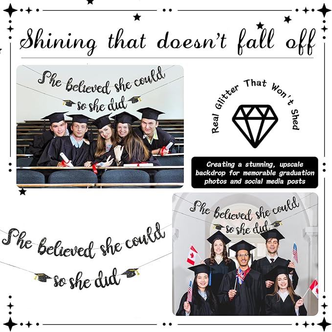 She Believed She Could So She Did Banner - Pre-Strung Glitter Graduation Decorations 2026 for Women Girls, Inspirational Grad Party Supplies, Class of 2026 College High School Masters PhD Decor (Black)