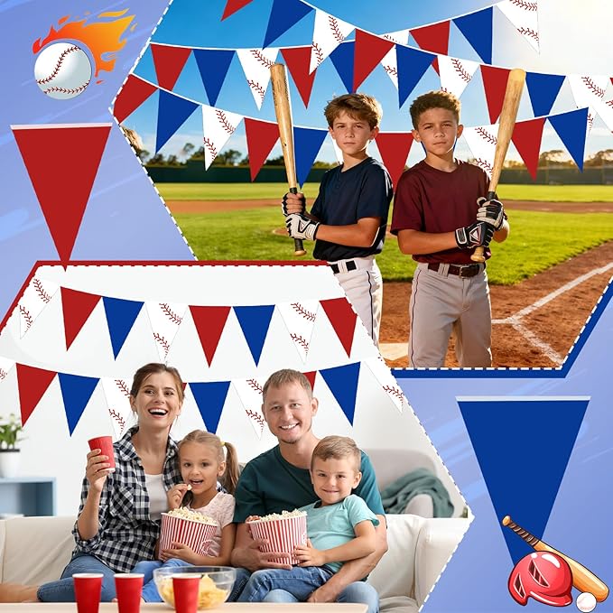 Faccito 5 Pack Baseball Banners Party Decorations Sports Championship Pennants Hanging Decor Themed Triangle Flags Athletics Game Garland for Birthday Party Supplies (Red,Blue,White)