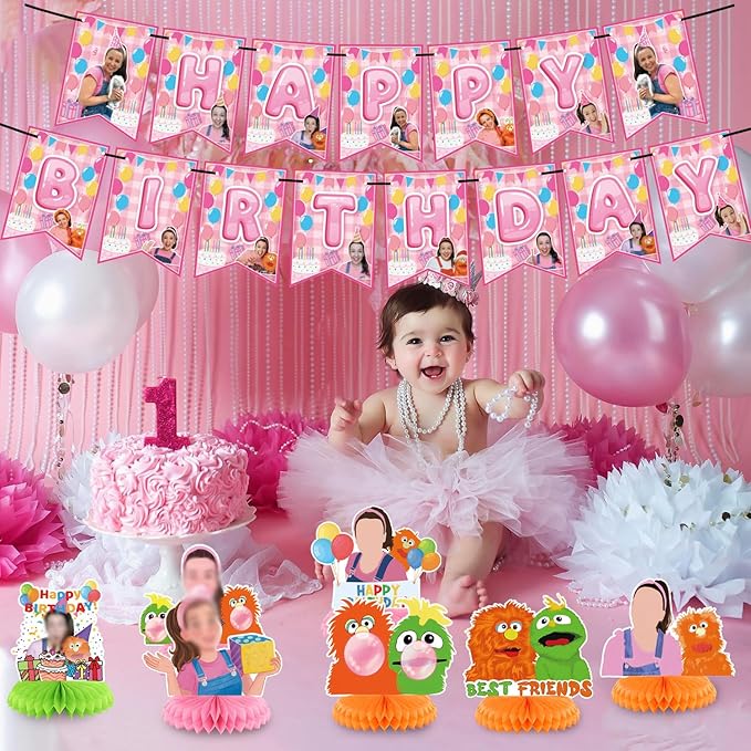 Rachel Girls Party Decorations Honeycomb Centerpiece, 7 Pieces English Teacher Theme 3D Double Side Cake Toppers Table Centerpieces, Photo Backdrop for Fans Birthday Party Decorations