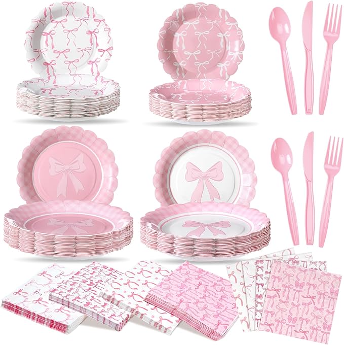 350 Pcs Pink Bow Birthday Party Supplies Include Bow Plates Napkins Disposable Tableware Set Coquette Birthday Decorations for Girls Wedding Bridal Baby Shower Serve 50 Guest