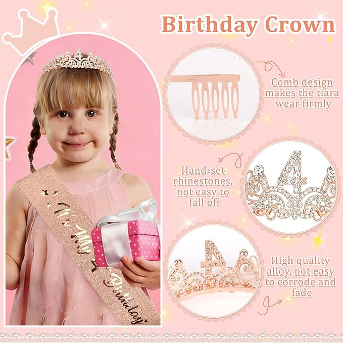 Semato 4th Birthday Decorations for Girl Sash and Crown Kit Rose Gold 4 Year Old Girl Birthday Gifts for Her Party Supplies