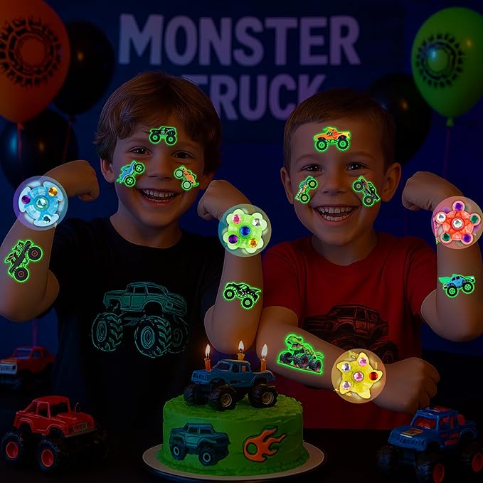 144PCS Monster Truck Party Favors for Kids, 96 Glow Tattoos Pre-cut + 24 Slap Bracelets + 24 Light Up Spinning Toys, Birthday Goodie Bag Stuffers, Stocking Stuffers, Glow in The Dark Supplies