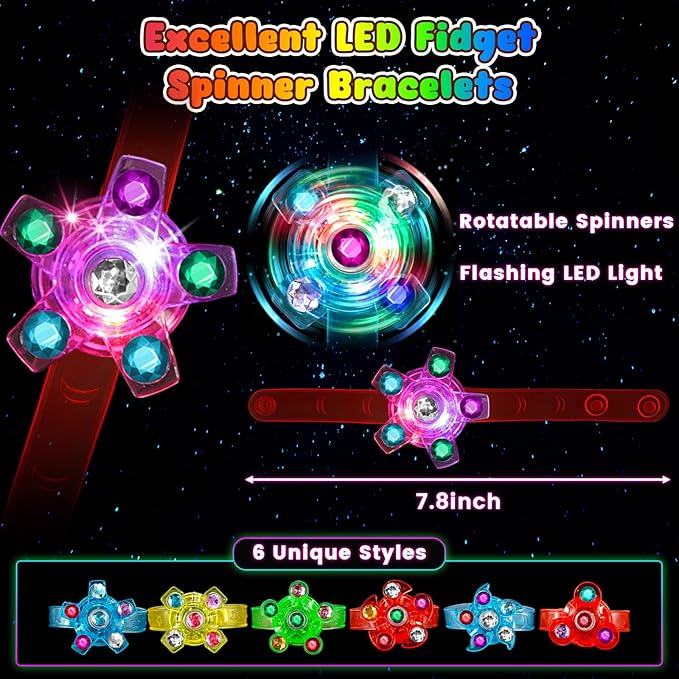 LovesTown 32PCS LED Light up Fidget Spinner Bracelets, 6 Styles Light up Party Favors Bulk Glow in the Dark Party Supplies for Kids Easter Treasure Box Toys Classroom Prizes