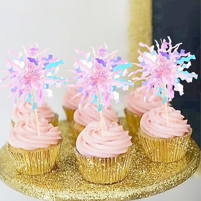 30 PCS Foil Firework Cupcake Toppers Sparkle Tinsel Cupcake Picks Happy Birthday Cake Toppers Drink Stirrers Cocktail Food Fruit Toothpicks for Baby Shower Wedding Party Decorations Supplies Pink