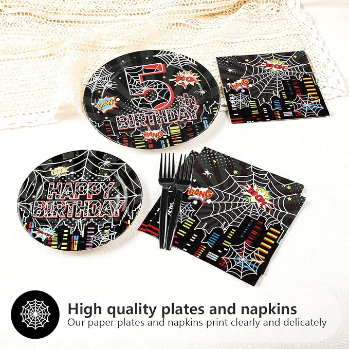 96Pcs Spider 5th Birthday Decorations for Boys Super Theme Hero 5th Birthday Plates and Napkins Black Red Spider Five Years Old Decoration Favors for Kids 5 Year Old Party Supplies Serves 24
