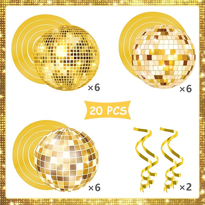 20Pcs Gold Disco Ball Hanging Swirls 70s Disco Birthday Party Decoration Gold Disco Ball Themed Swirl Ceiling Hanging Streamers for 70s 80s New Year Party Decoration Disco Fever Supplies(Paper)
