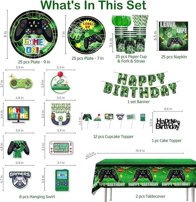 174 Pcs Video Game Birthday Decorations Tableware Set with Plates and Napkins, Serves 25, 2 Tablecloths, Banner, Cake Toppers, for Boys Gamer Birthday Party Decorations, Green