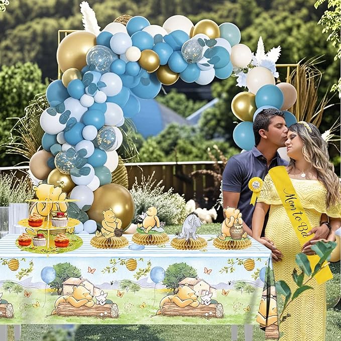 Classic Winnie Baby Shower Decorations Kit, All-in-1 Vintage Winnie Party Supplies Decorations, Classic The Pooh Backdrop Cake Topper, Winnie Baby Tablecloth Honeycomb Decorations for Baby Shower