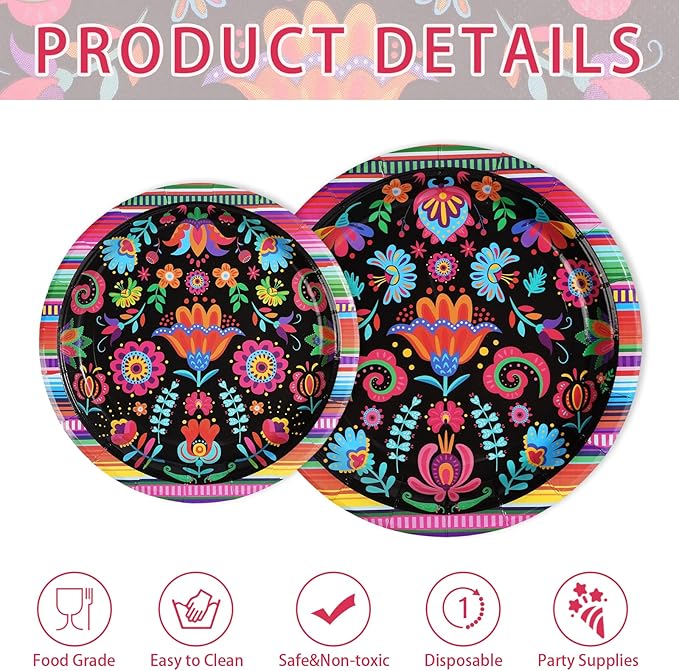 Grencian 200Pcs Mexican Party Decorations Colorful Mexico Floral Plates and Napkins Sets Mexicanos Birthday Decorations for Mayo Taco Holiday Wedding Ponchos Party Supplies Serves 50