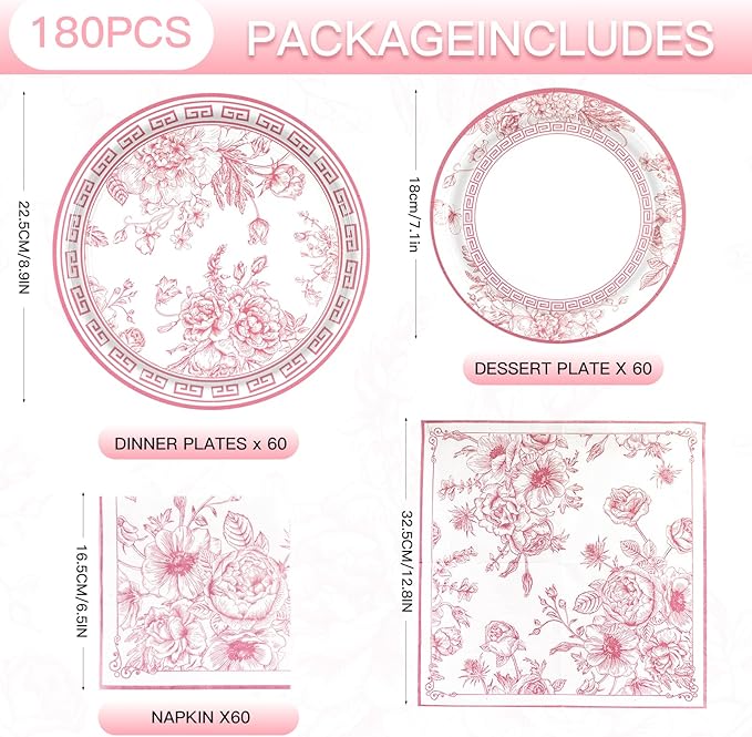 180PCS Pink White Floral Party Supplies Serve 60, Pink Flower Paper Plates and Napkins Kit for Bridal Baby Shower Wedding Tea Party Decorations, Includes Dinner and Dessert Plates, Napkins