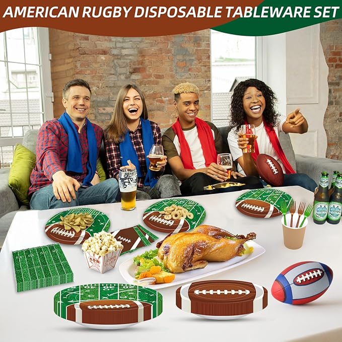 100 Pcs Football Party Supplies Set, Serves 25 – Disposable Football and Field Design Paper Plates, Napkins, and Forks, Game Day Tailgate Themed Tableware for Sports Birthday and Team Decorations