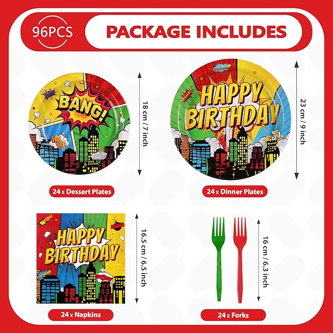 Grencian 96Pcs Super Theme Hero Party Supplies Hero's Action Sign Cityscape Plates and Napkins Tableware Sets Colors Comic Hero Decorations for Boys Cartoon Spider Birthday Favors Serve 24