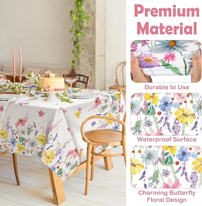 Kochorie Spring Flower Tablecloth Roll with Cutting Box 54 Inch x 100 Feet Butterfly Wildflower Plastic Disposable Tablecloth Picnic Themed Backdrop Tea Party Supplies for Holiday Weeding Birthday
