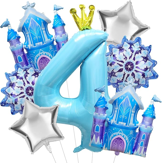 7Pcs 4th Birthday Party Decorations Balloons,Winter Snowflake Balloons Large Blue 40 Inch Number 4 Balloon Foil Star Castle Ballon for Birthday Party Favor Decor Supplies Winter Wonderland Decoration