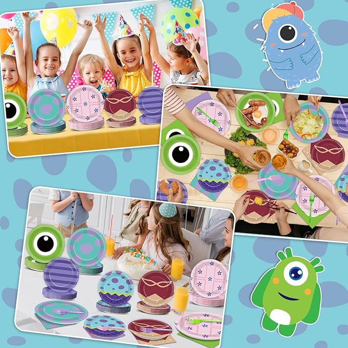 96PCS Monster Birthday Party Plates and Napkins Blue Purple Green Tableware Set Monsters Theme Parties Decor Paper Tableware Set Cartoon Monsters Plates For Monster Themed Baby Shower Party Decoration