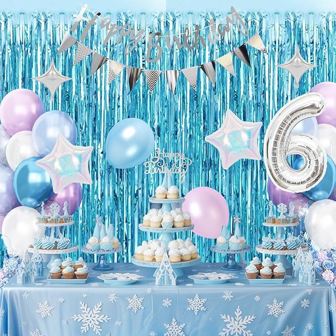6th Snow Birthday Decorations for Girl, Blue Purple Balloons with Happy Birthday Banner Curtain Silver Number 6 Balloon Iridescent Star Foil Balloons for Girls Baby Shower Birthday Party Supplies