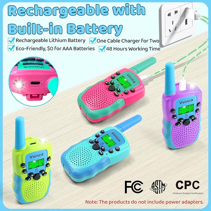 Vvinca Walkie Talkies for Kids Rechargeable 4 Pack, 3 Mile Walkie Talkie Long Range, Christmas Birthday Gift for Age 3-12 Boy Girl with Flashlight 22CH 2 Way Radio for Adventure Camping Outdoor Hiking