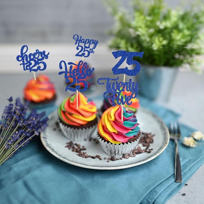 30pcs 25th Birthday Cupcake Toppers - 25th Anniversary Cheers to 25 Years Old Cake Decorations - Deep Blue Glitter